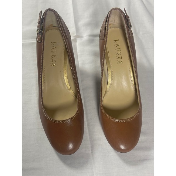 Shoes - Lauren Ralph Lauren Salma Pumps Women's 7B Cognac Tan Buckle Stacked Heel